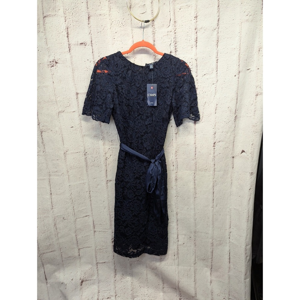Chaps Navy Blue Lace Midi Pencil Dress Short Cap Sleeve Satin Belt‎ Sz 8 NEW